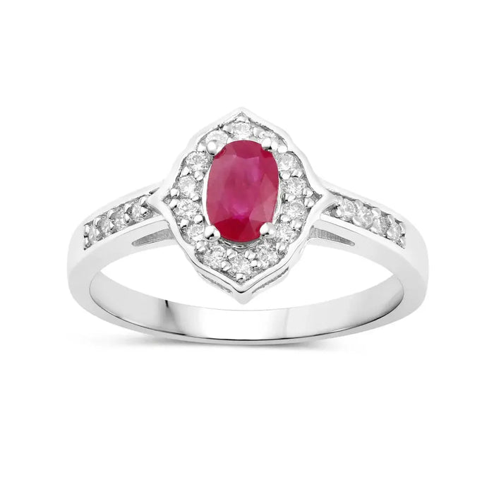 0.52 Ct Oval Pink Ruby & Lab Grown Diamond Prong Silver Halo Pave Band Ring by Fine Color Jewels