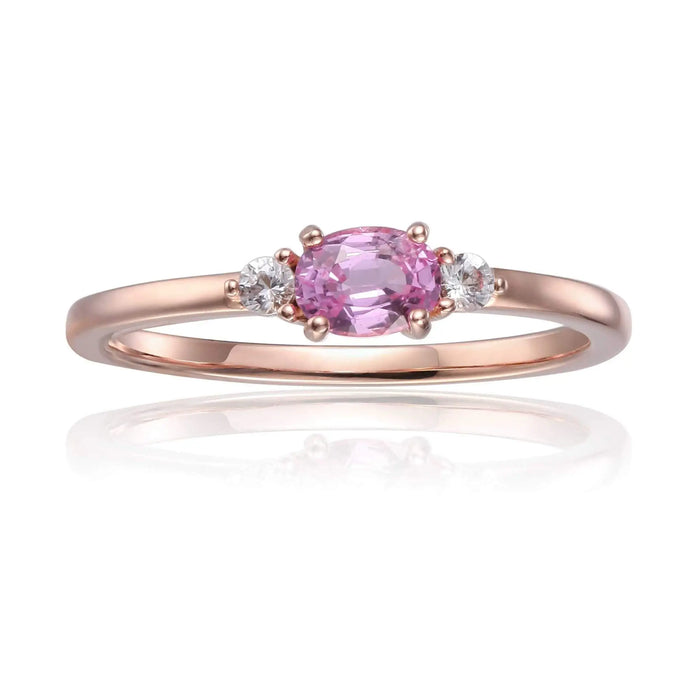 0.53 Oval Pink Sapphire and White Sapphire Prong Silver Three Stone Ring by Fine Color Jewels