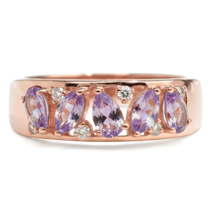 0.54 Ct Pear and Marquise Purple Amethyst and White Topaz Prong Silver Leaf Band Ring by Fine Color Jewels