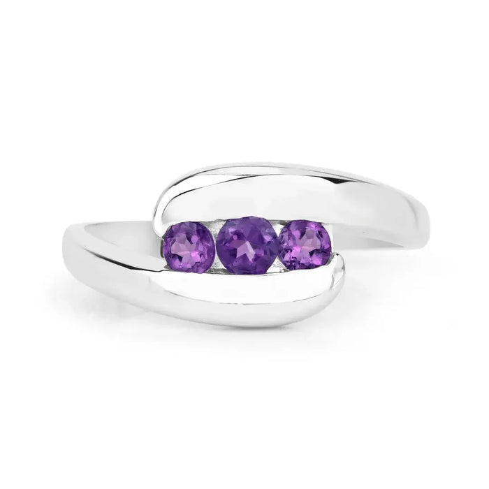 0.54 Ct Round Purple Amethyst Channel Silver Three Stone Bypass Ring by Fine Color Jewels