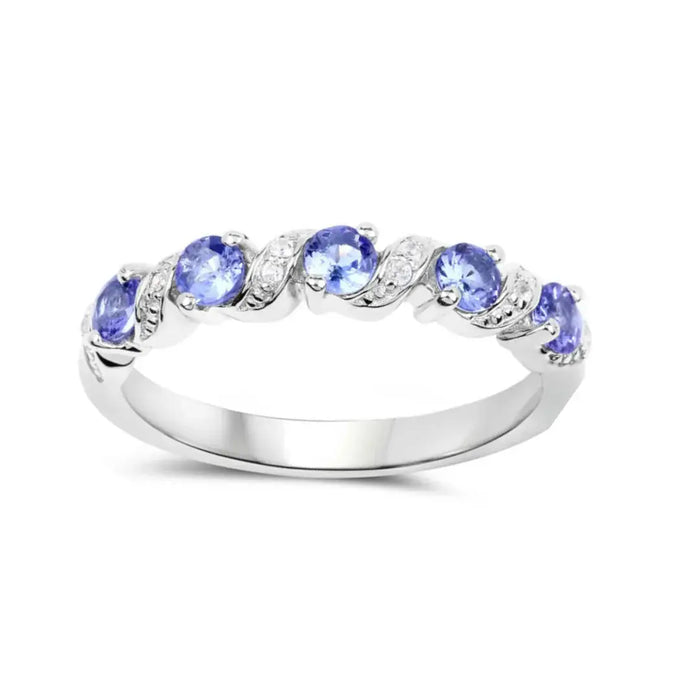 0.54 Ct Round Violet Tanzanite and White Topaz Prong Silver 5 Stone Ring by Fine Color Jewels