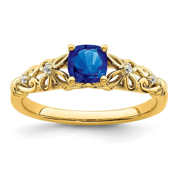 0.55 Ct Cushion Blue Sapphire & Diamond Prong 14K Yellow Gold Filigree Ring by Fine Color Jewels
