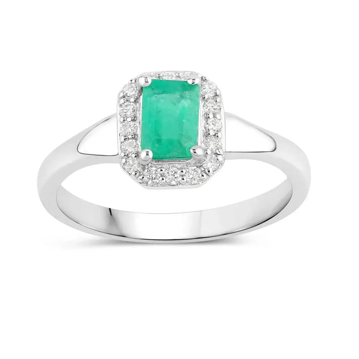 0.55 Ct Octagon Green Zambian Emerald & Lab Grown Diamond Prong Silver Halo Statement Ring by Fine Color Jewels