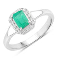 0.55 Ct Octagon Green Zambian Emerald & Lab Grown Diamond Prong Silver Halo Statement Ring by Fine Color Jewels