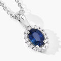 0.55 Ct oval Blue Sapphire and Lab Diamond prong Silver Halo pendant Necklace by Fine Color Jewels