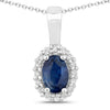 0.55 Ct oval Blue Sapphire and Lab Diamond prong Silver Halo pendant Necklace