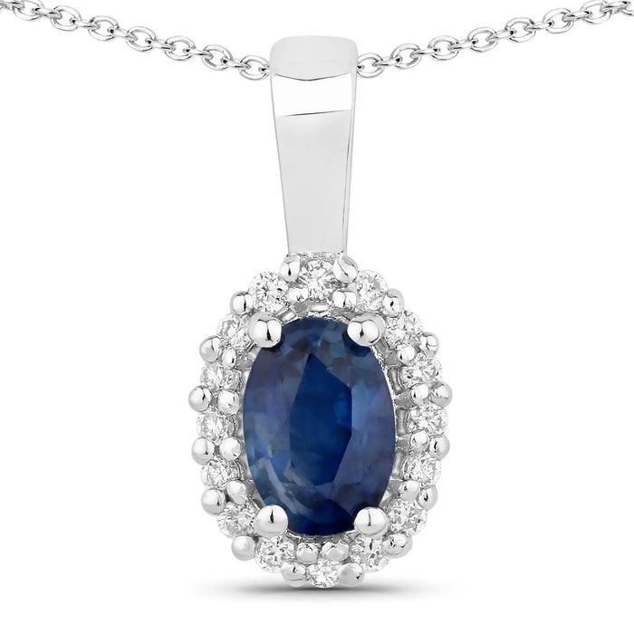 0.55 Ct oval Blue Sapphire and Lab Diamond prong Silver Halo pendant Necklace by Fine Color Jewels