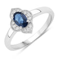 0.55 Ct Oval Blue Sapphire and Lab Diamond Silver Prong Floral Halo Ring by Fine Color Jewels