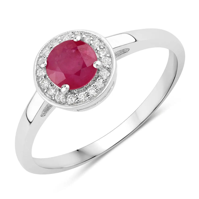0.55 Ct Round Pink Mozambique Ruby & Lab Diamond Prong Silver Halo Ring by Fine Color Jewels