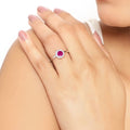 0.55 Ct Round Pink Mozambique Ruby & Lab Diamond Prong Silver Halo Ring by Fine Color Jewels