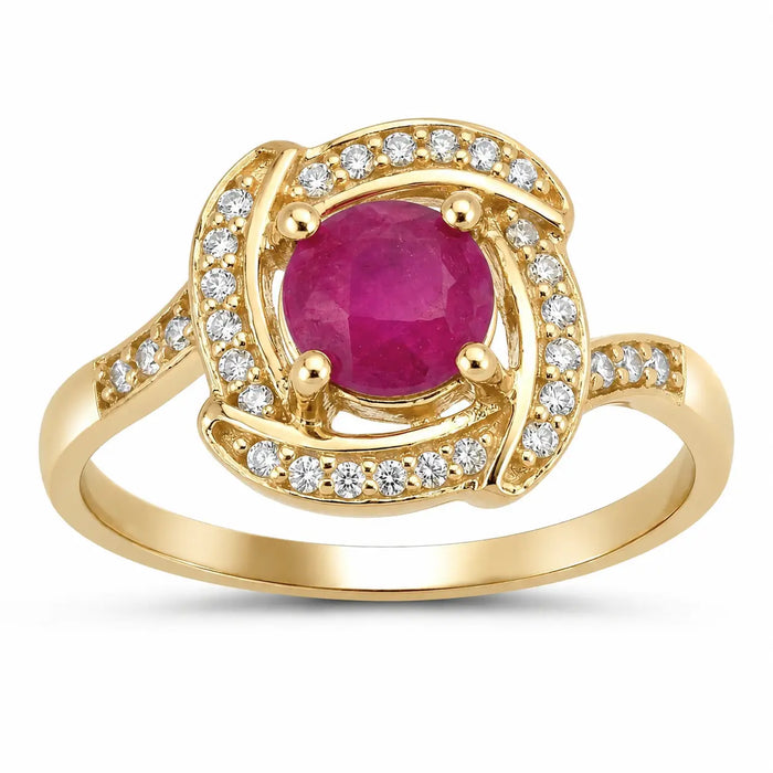 0.55 Ct Round Pink Ruby & Diamond Prong 14K Yellow Gold Halo Bypass Ring by Fine Color Jewels