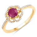 0.55 Ct Round Pink Ruby & Diamond Prong 14K Yellow Gold Halo Floral Ring by Fine Color Jewels