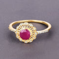 0.55 Ct Round Pink Ruby & Diamond Prong 14K Yellow Gold Halo Floral Ring by Fine Color Jewels