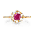 0.55 Ct Round Pink Ruby & Diamond Prong 14K Yellow Gold Halo Floral Ring by Fine Color Jewels