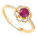 0.55 Ct Round Pink Ruby & Diamond Prong 14K Yellow Gold Halo Floral Ring by Fine Color Jewels