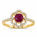 0.55 Ct Round Pink Ruby & Diamond Prong 14K Yellow Gold Halo Floral Ring by Fine Color Jewels