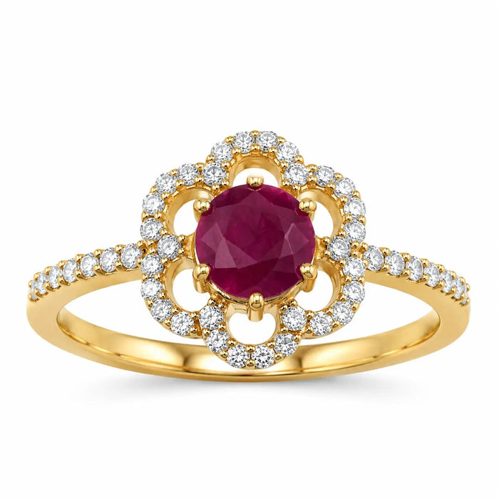 0.55 Ct Round Pink Ruby & Diamond Prong 14K Yellow Gold Halo Floral Ring by Fine Color Jewels