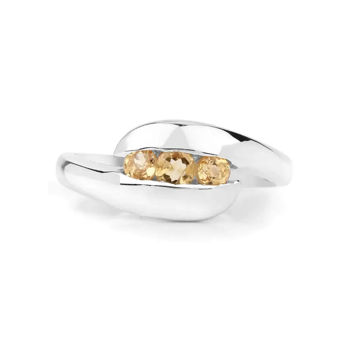 0.55 Ct Round Yellow Citrine and White Topaz Channel Silver Bypass Three Stone Engagement Ring by Fine Color Jewels