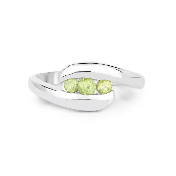 0.56 Ct Oval Green Peridot Channel Silver Three Stone Bypass Ring by Fine Color Jewels