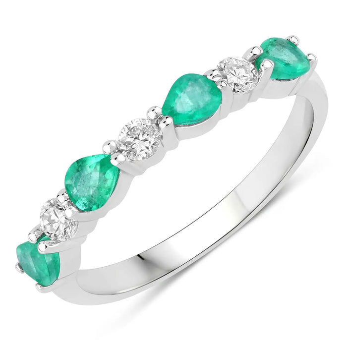 0.56 Ct Pear Green Zambian Emerald & Lab Diamond Prong Silver Seven Stone Half Eternity Ring by Fine Color Jewels