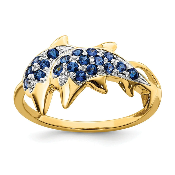 0.57 Ct Blue Sapphire and Diamond Prong 14k Yellow Gold Two Dolphins Ring by Fine Color Jewels