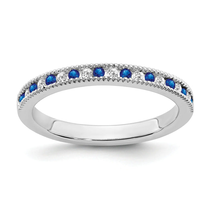 0.58 Ct Round Blue Sapphire & Diamond 14K White Gold Milgrain Band Ring by Fine Color Jewels