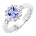 0.59 Ct Cushion Violet Tanzanite & Created White Sapphire Prong Silver Flower Halo Ring by Fine Color Jewels