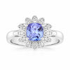 0.59 Ct Cushion Violet Tanzanite & Created White Sapphire Prong Silver Flower Halo Ring