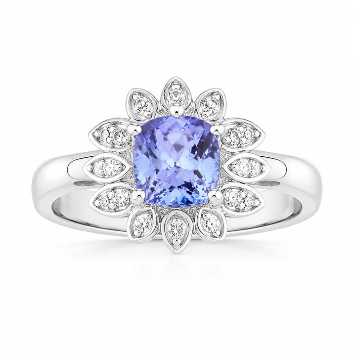 0.59 Ct Cushion Violet Tanzanite & Created White Sapphire Prong Silver Flower Halo Ring by Fine Color Jewels
