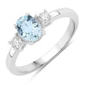 0.60 Ct Oval Blue Aquamarine and Lab Diamond Prong Silver Three Stone Ring by Fine Color Jewels