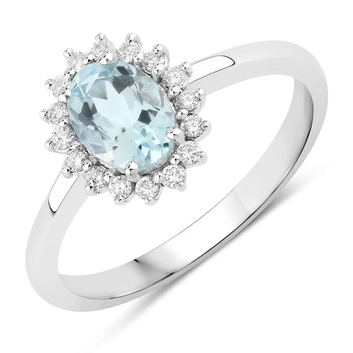 0.60 Ct Oval Blue Aquamarine and Lab Diamond Prong Sterling Silver Halo Ring by Fine Color Jewels