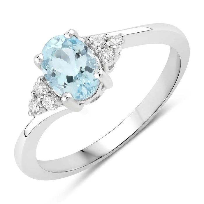 0.60 Ct Oval Blue Aquamarine and Lab Diamond Prong Sterling Silver Bypass Ring by Fine Color Jewels