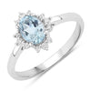 0.60 Ct Oval Blue Aquamarine and Lab Diamond Silver Halo Statement Ring