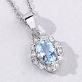0.60 Ct Oval Blue Aquamarine & Lab Diamond Prong Silver Halo Statement Necklace by Fine Color Jewels