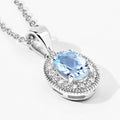 0.60 Ct Oval Blue Aquamarine & Lab Diamond Prong Silver Halo Pendant Necklace by Fine Color Jewels