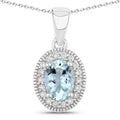0.60 Ct Oval Blue Aquamarine & Lab Diamond Prong Silver Halo Pendant Necklace by Fine Color Jewels