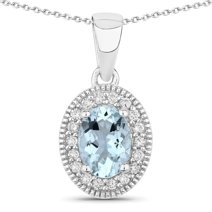 0.60 Ct Oval Blue Aquamarine & Lab Diamond Prong Silver Halo Pendant Necklace by Fine Color Jewels