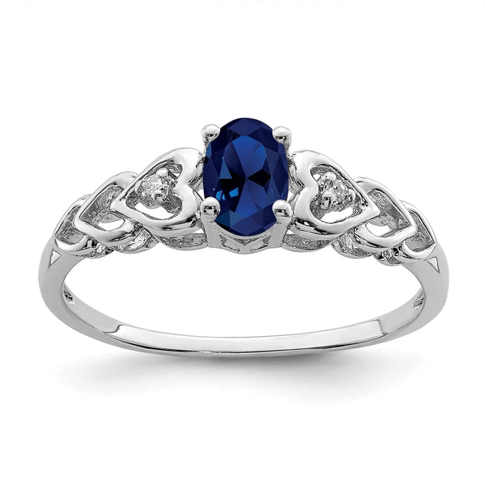 0.60 Ct Oval Blue Created Sapphire & Diamond Prong Rhodium-Plated Silver Heart Band Ring by Fine Color Jewels