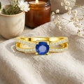 0.60 Ct Oval Blue Sapphire and White Sapphire Prong 22k Gold Vermeil Split Band Pave Wedding Ring by Fine Color Jewels