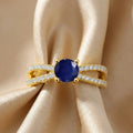 0.60 Ct Oval Blue Sapphire and White Sapphire Prong 22k Gold Vermeil Split Band Pave Wedding Ring by Fine Color Jewels