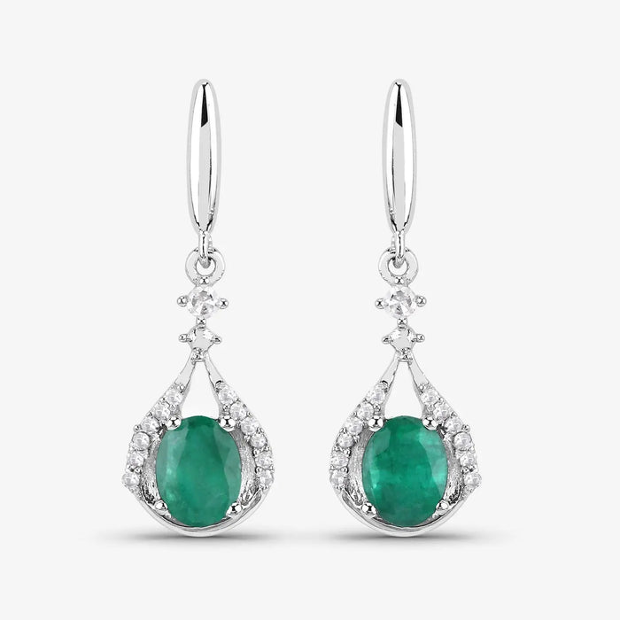 0.60 Ct Oval Green Zambian Emerald & Diamond Prong 14K White Gold Drop Dangle Earrings by Fine Color Jewels