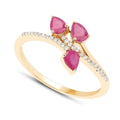0.60 Ct Pear Pink Ruby & Diamond Prong 14K Yellow Gold Pave Bypass Three Stone Ring by Fine Color Jewels