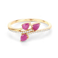 0.60 Ct Pear Pink Ruby & Diamond Prong 14K Yellow Gold Pave Bypass Three Stone Ring by Fine Color Jewels