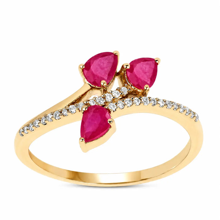0.60 Ct Pear Pink Ruby & Diamond Prong 14K Yellow Gold Pave Bypass Three Stone Ring by Fine Color Jewels
