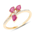 0.60 Ct Pear Pink Ruby & Diamond Prong 14K Yellow Gold Pave Bypass Three Stone Ring by Fine Color Jewels
