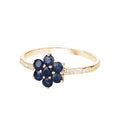 0.60 Ct Round Blue Sapphire and White Diamond Prong 10K Gold Floral Pave Ring by Fine Color Jewels