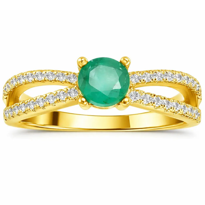0.60 Ct Round Green Emerald and White Sapphire Prong 22K Gold Vermeil Split Band Pave Engagement Ring by Fine Color Jewels