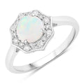 0.60 Ct Round White Ethiopian Opal and Lab Diamond Prong Silver Halo Ring by Fine Color Jewels