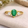 0.62 Ct Pear Green Emerald and White Sapphire Prong 22K Gold Vermeil Three Stone Anniversary Ring by Fine Color Jewels