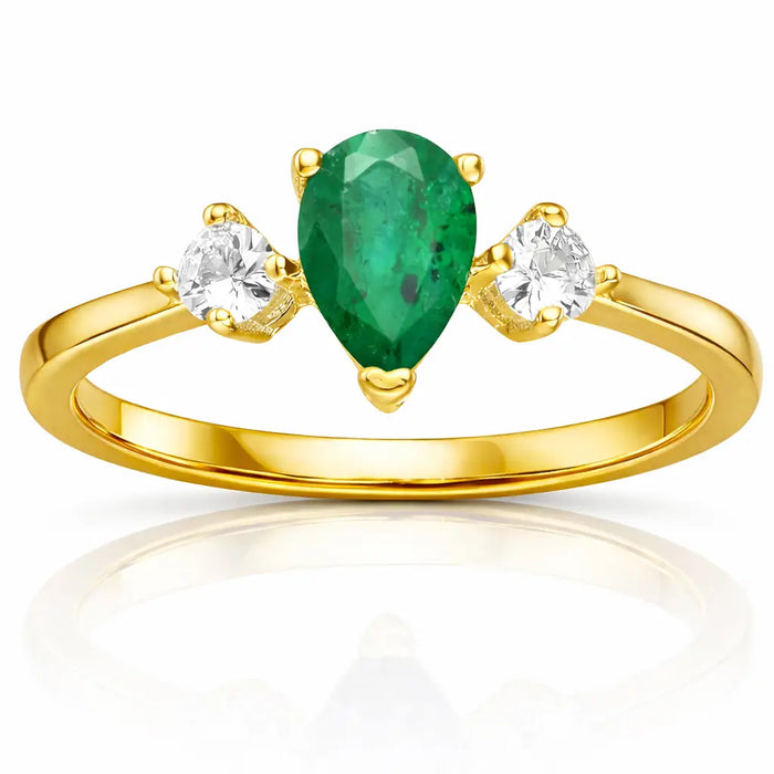 0.62 Ct Pear Green Emerald and White Sapphire Prong 22K Gold Vermeil Three Stone Anniversary Ring by Fine Color Jewels